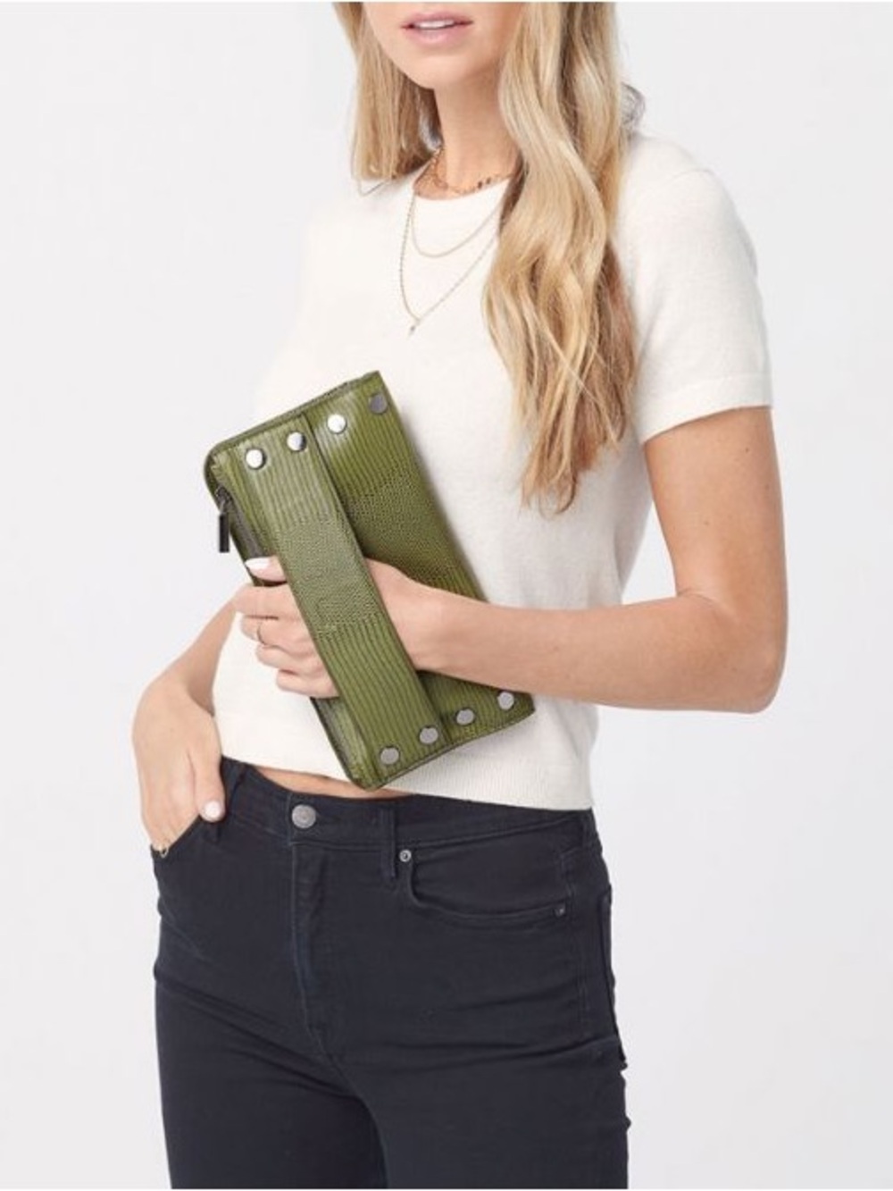 Hammitt Ryan Clutch or Crossbody Evergreen Lizard with Gunmetal Hardware